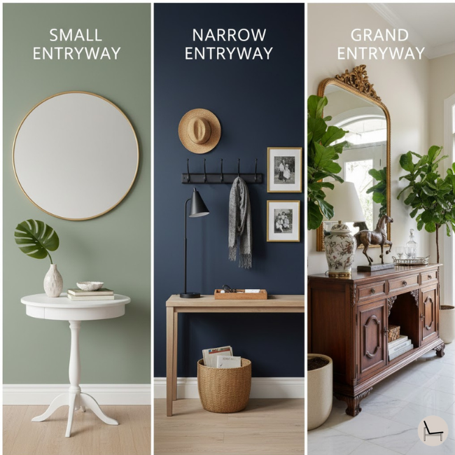 Entryway table styling ideas for small, narrow, and grand entryways showing proper scale and proportion