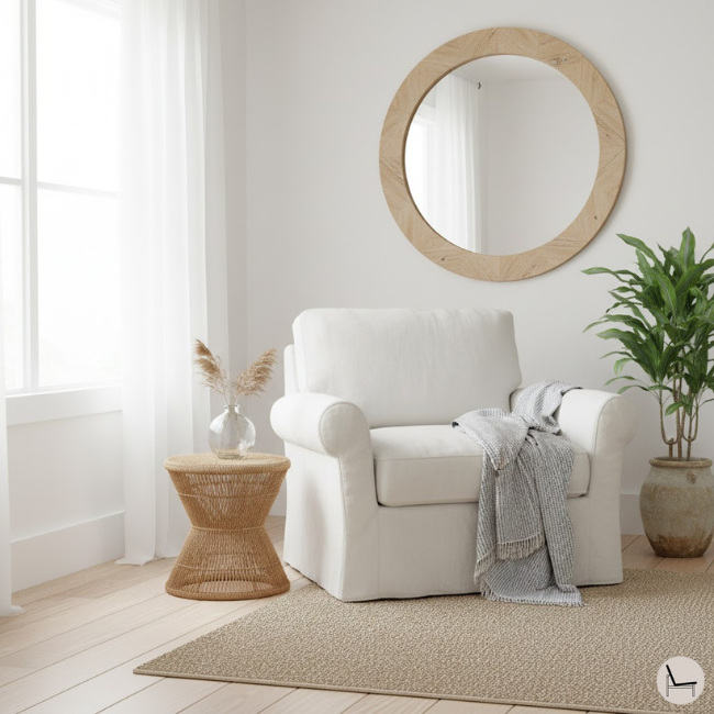 coastal living room corner with white color palette and natural textures