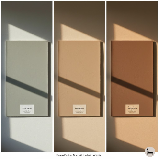 Best bedroom paint colors undertone test showing Benjamin Moore Revere Pewter in morning light, afternoon light, and evening artificial light revealing warm gray undertones