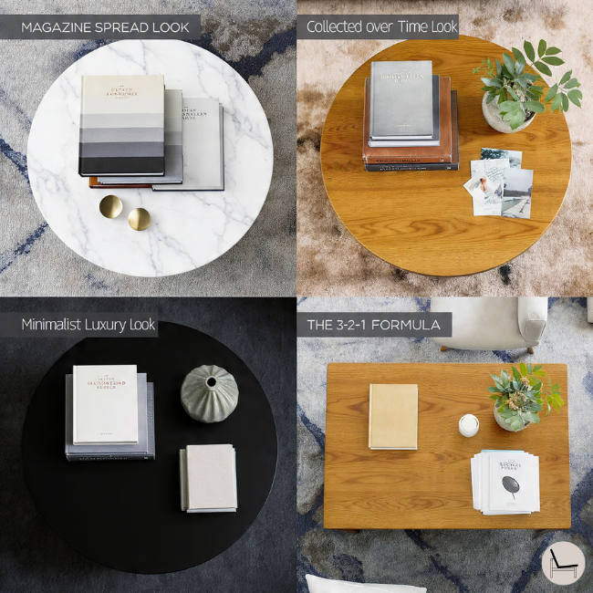 Four-panel comparison showing different coffee table book styling methods: magazine spread look with color-gradient books and brass accents, collected over time look with vintage and new books mixed, minimalist luxury look with single oversized book and sculptural object, and basic 3-2-1 formula demonstration