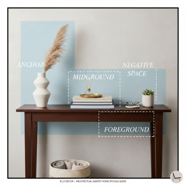 Console table styling diagram showing the three layers and negative space arrangement