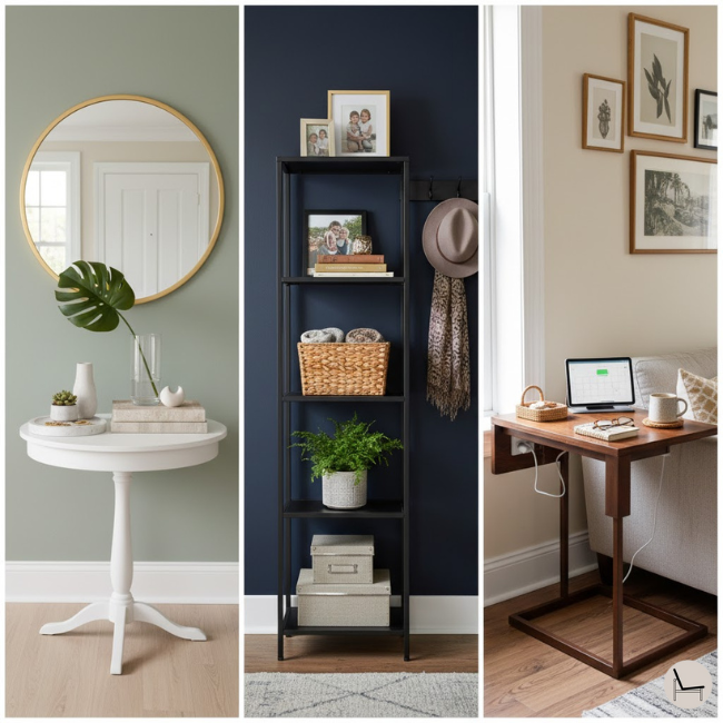 Alternative entryway table styling ideas for round pedestal tables, tiered shelving, and narrow C-tables