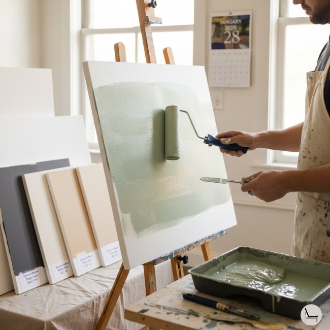 Testing best bedroom paint colors properly using large foam core boards with paint samples Benjamin Moore Quiet Moments and Sherwin-Williams Alabaster