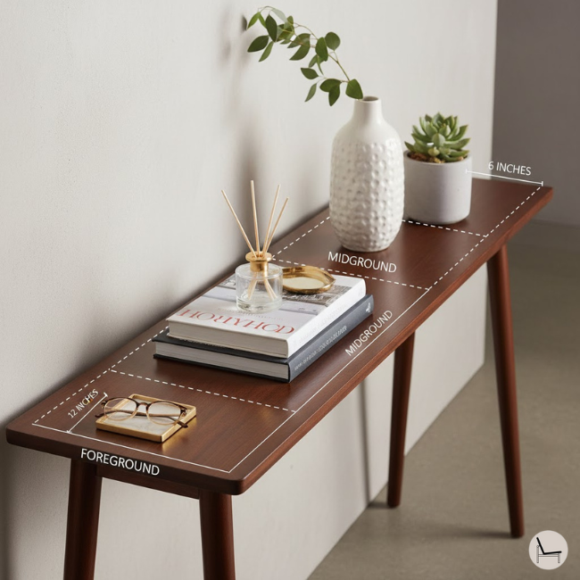 Console table depth layering technique showing foreground, midground, and background positioning