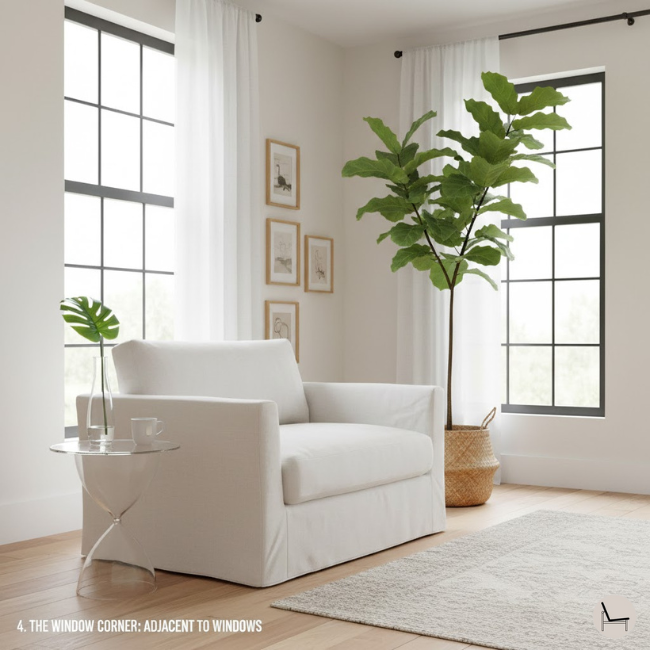 decorating a living room corner with large windows. adding an accent chair and greenery