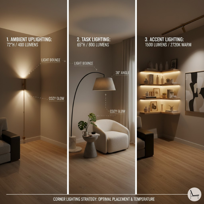 Living room corner lighting strategy diagram showing arc floor lamp placement, wall sconce positioning, and light direction for eliminating shadows