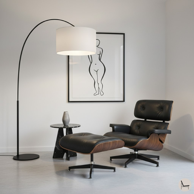 modern, minimalist living room corner ideas with Eames Lounge chair and an arch lamp