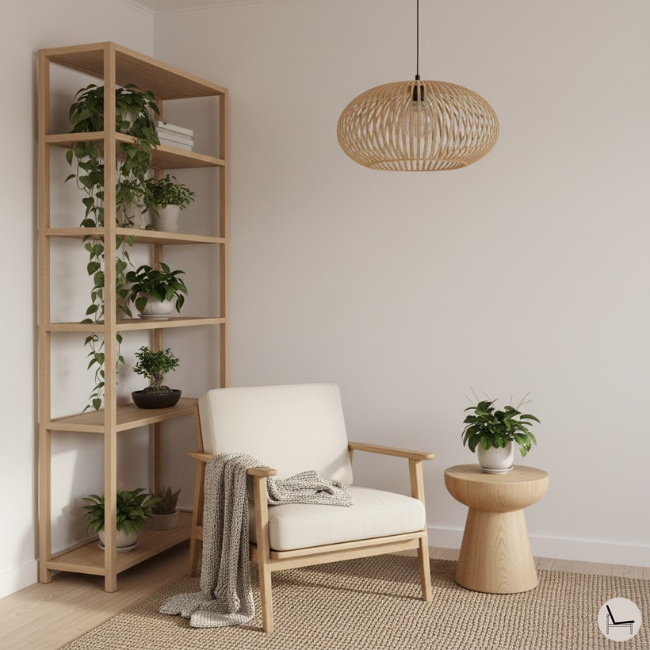 Scandinavian, Japandi living room corner with a bookcase and an accent chair, plants and natural materials