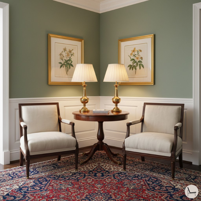 traditional, classic living room corner with a set of arm chairs and a side table