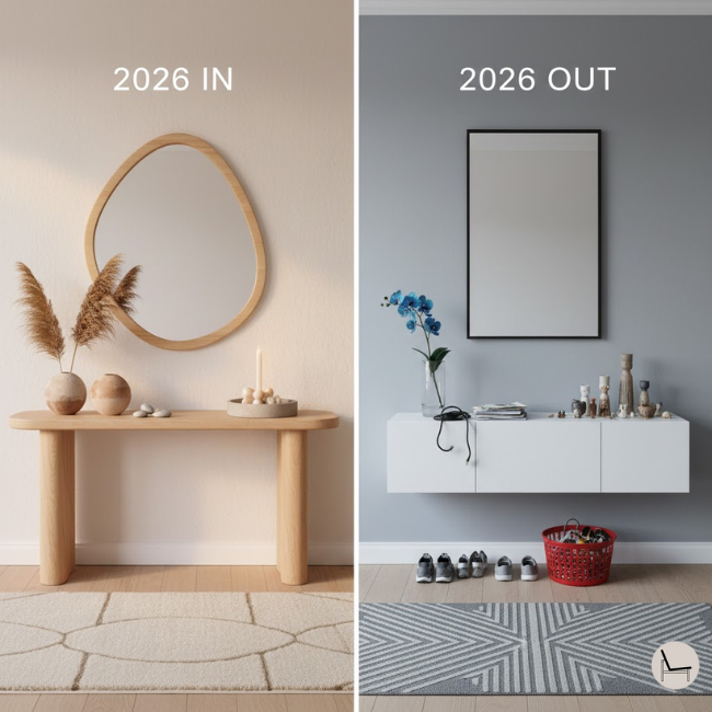 2026 entryway styling trends showing what's in versus what's out including warm minimalism and organic shapes