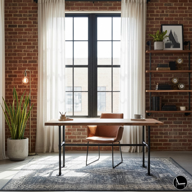 Industrial Scholar masculine office aesthetic — dark wood, brass lamp, leather chair, and curated bookshelf