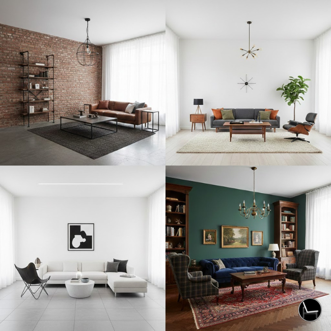 Four masculine living room styles compared - industrial, mid-century modern, minimalist, and traditional designs