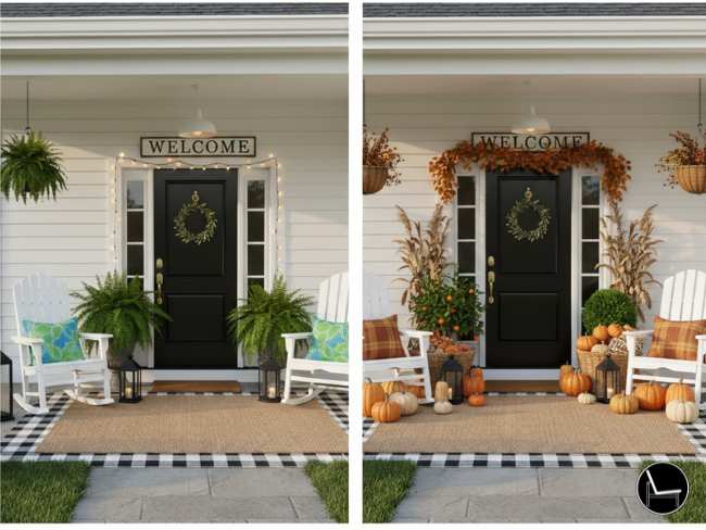 front porch seasonal decor before and after — same furniture styled for summer and fall with seasonal accent swaps