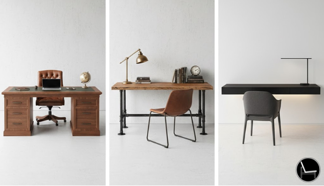 Three masculine desk styles for home office — executive walnut, industrial steel-and-wood, and minimalist matte black