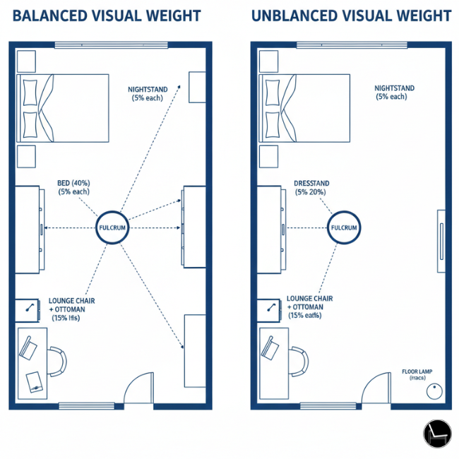 Visual weight distribution diagram for men's bedroom decor furniture placement and balance
