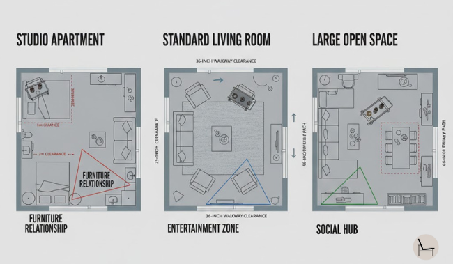 Masculine bar cart placement guide showing optimal positioning in small, medium, and large rooms with clearance measurements