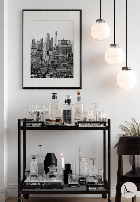 a masculine bar cart showing to set up the cart with all the bar essentials