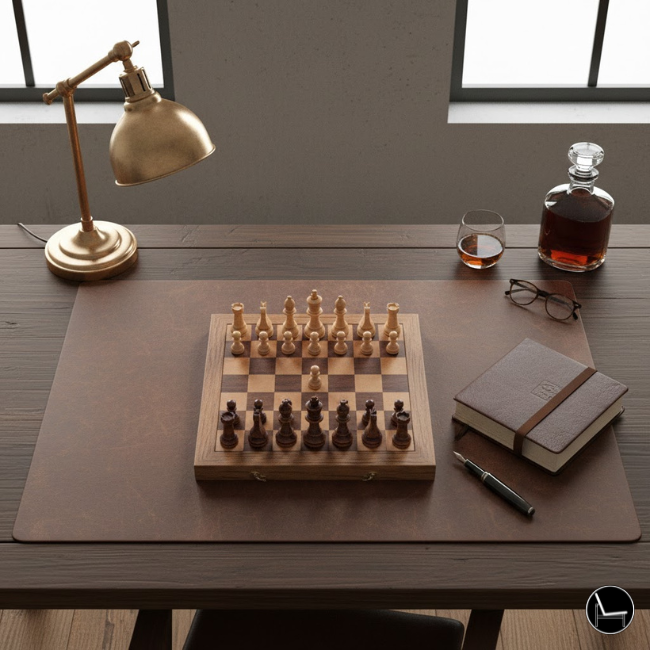 Masculine home office desk accessories — leather desk mat, brass lamp, chess set, and quality notebook