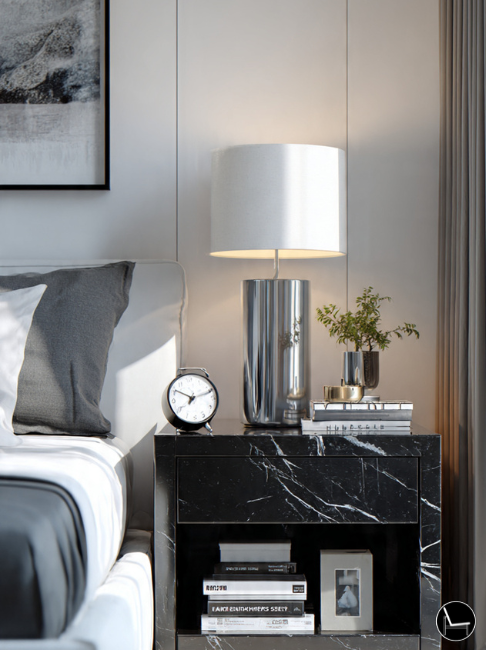 Rule of 3 styling technique for men's bedroom decor nightstand and dresser accessory arrangement