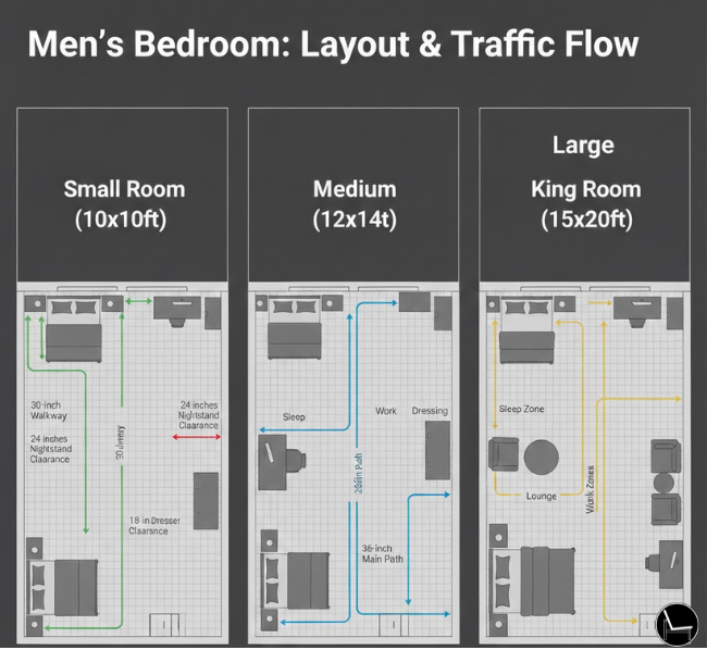 Bedroom layout guide for men's bedroom decor showing furniture placement clearances and traffic flow optimization