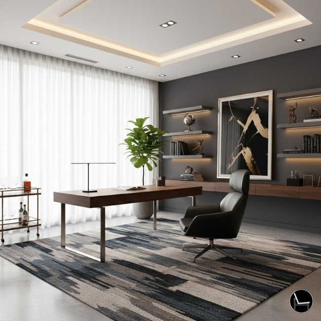 Masculine home office desk with three-layer lighting system showing dramatic improvement in ambiance