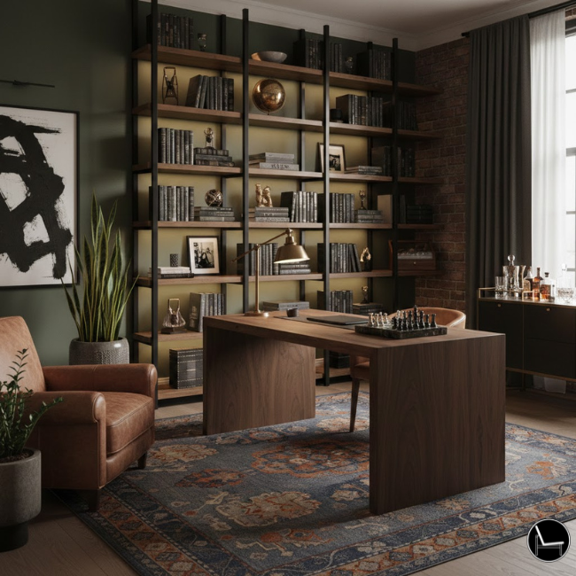 Modern CEO masculine home office aesthetic with black desk, white walls, and chrome hardware