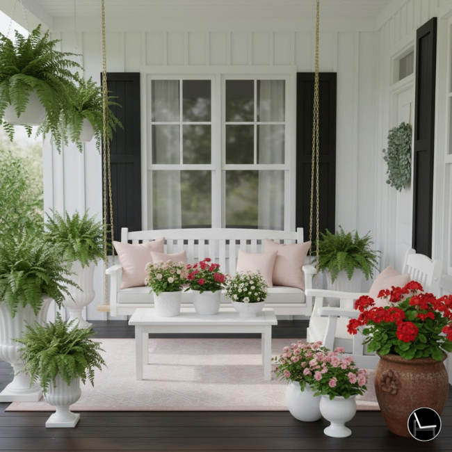spring porch decor color palette using 60-30-10 rule with white neutral base pink accent and terracotta pop