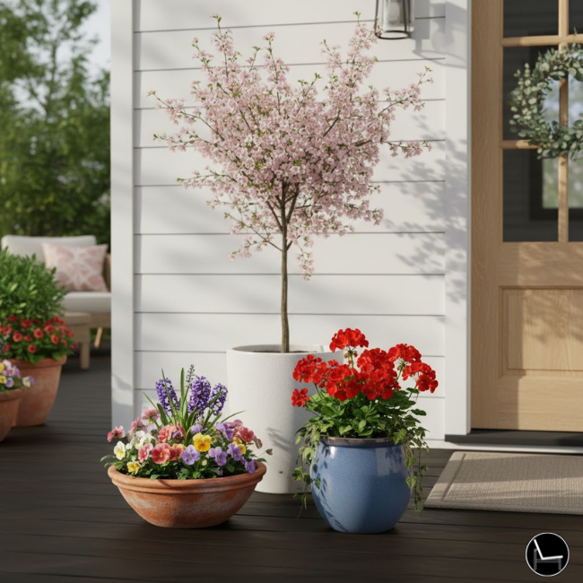 spring porch decor odd number planter grouping three pots in varying heights and sizes