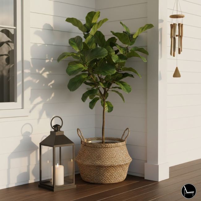 biophilic spring porch decor with live plants natural textures jute rug and wind chime