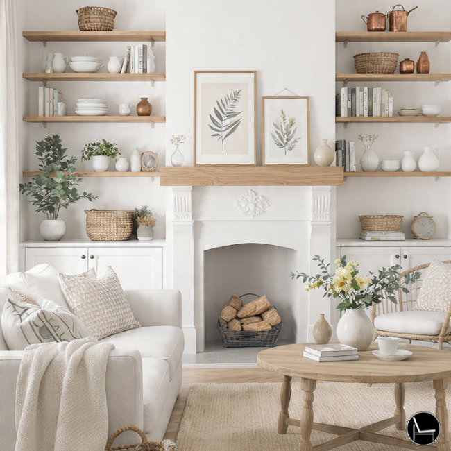 apartment decorated in a cottage decor style, with the use of wall mount shelves to reduce clutter