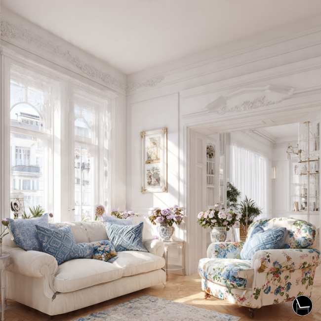 cottage rental apartment with use of floral pattern print on arm chairs