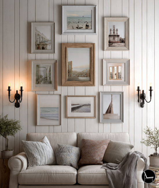 cottage style apartment with a gallery wall and use of plug in wall sconces