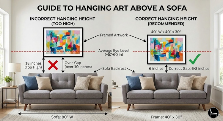 how to decorate above a couch do's and don'ts and correct height to hang art above a couch showing 6-10 inch rule from cushion top"
