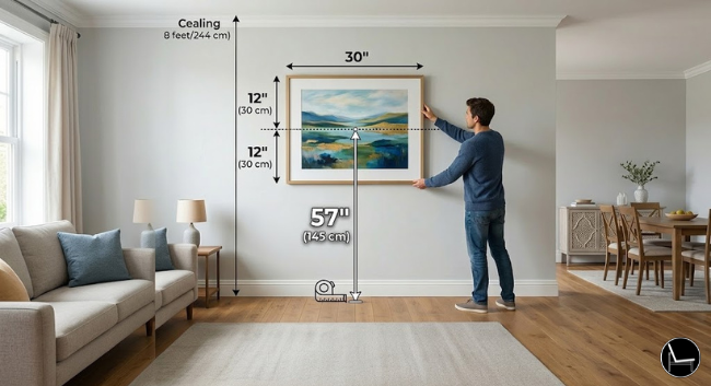 large blank wall how to hang art following the 57 rule