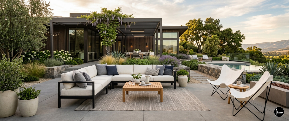 modern patio with view of a valley and a pair of white butterfly chairs and modern L sectional