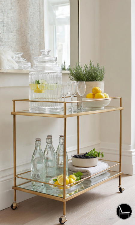 Mocktail wellness bar cart with crystal glassware, citrus and sparkling water