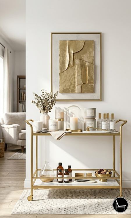 Moody bar cart with pillar candles, diffuser and linen textures