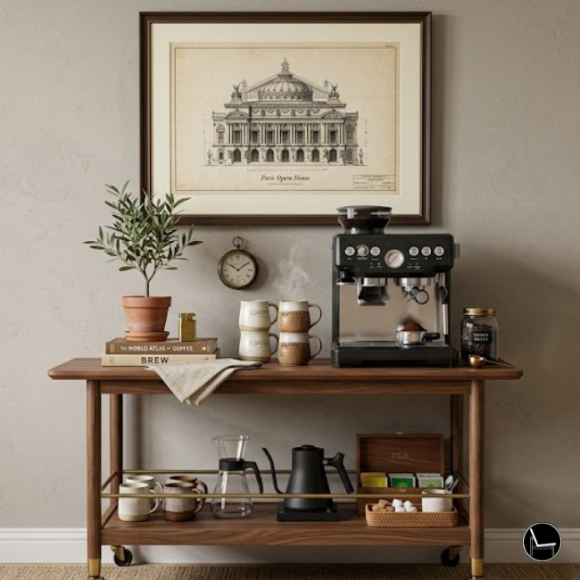 Coffee bar cart styled with French press, mugs and plants