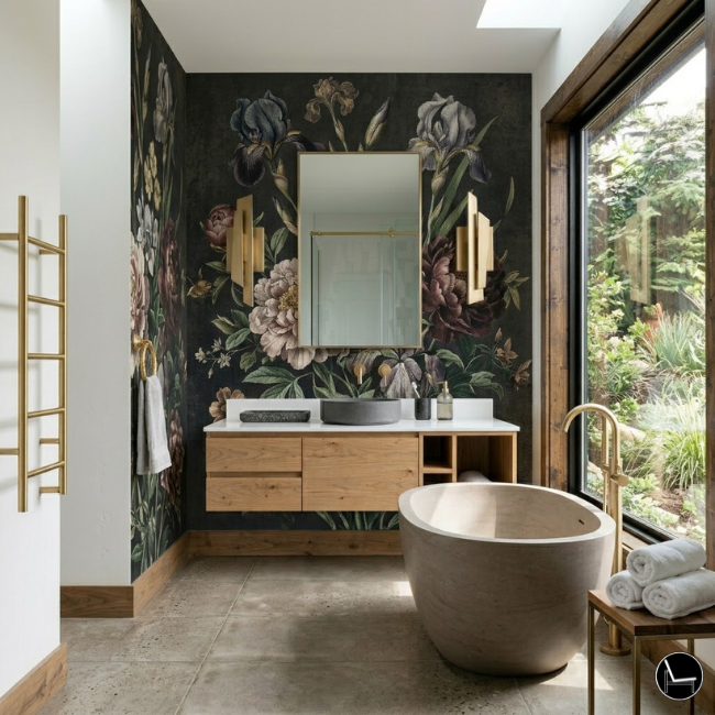 Floral peel and stick wallpaper for a cozy small bathroom
