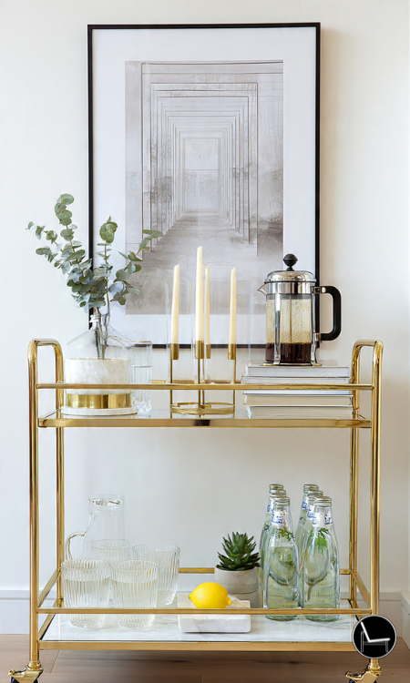 how to style a bar cart without alcohol with simple minimalist color palette