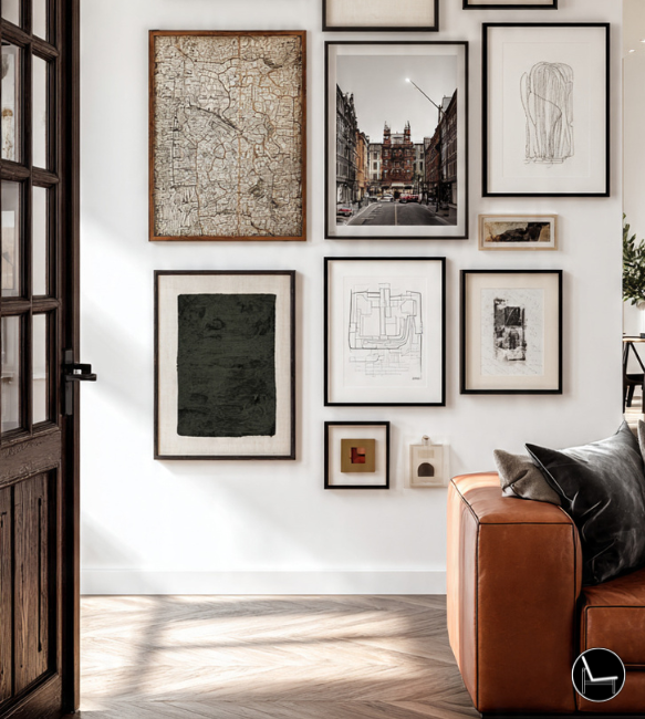 modern living room with a masculine gallery wall