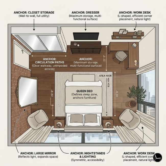 how to anchor an apartment bedroom layout