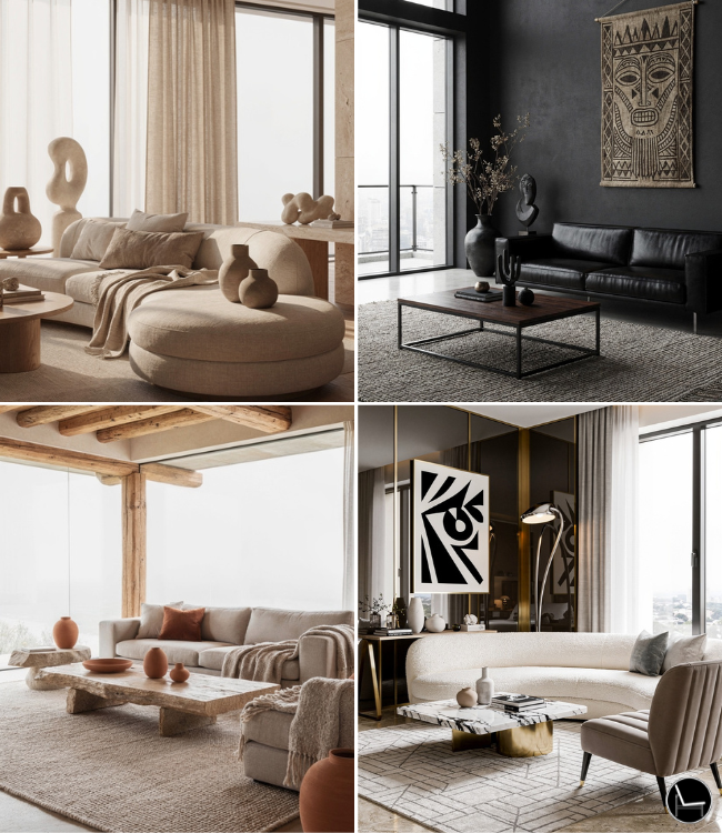 Studio apartment accessories by interior design style — warm minimalist, modern noir, organic modern, and mid-century modern style guides for renters