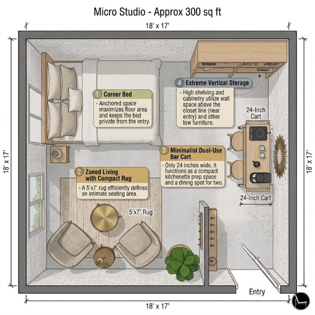 micro studio apartment layout ideas for 300 square feet