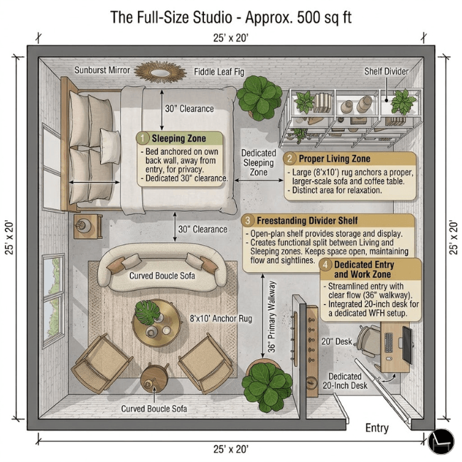 studio apartment layout ideas for 500 square feet