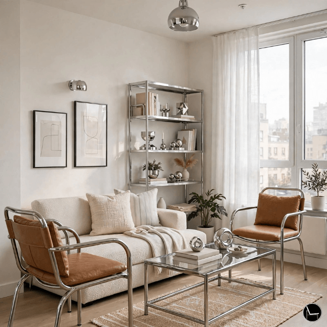 rental small living room with chrome home decor accessories, bookshelf and accent chairs
