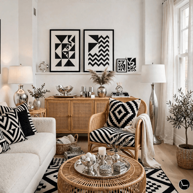 rental small living room with silver decor pieces