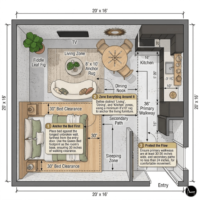 studio apartment layout ideas using the Anchor-Zone-Flow Method