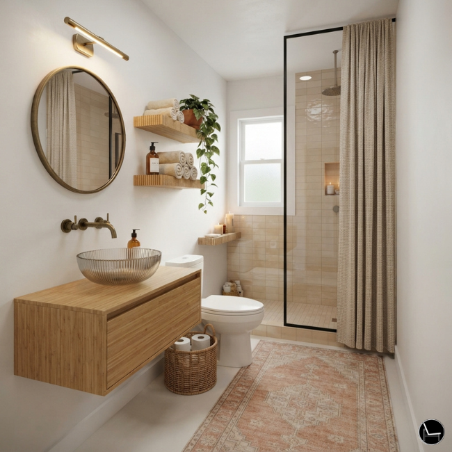 Cozy small bathroom ideas with warm lighting and layered textiles